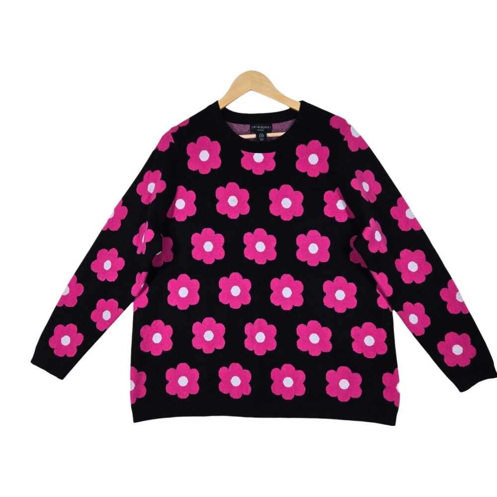 Cynthia Rowley Floral Crewneck Sweater 2X Black Pink Bold Flower Knit